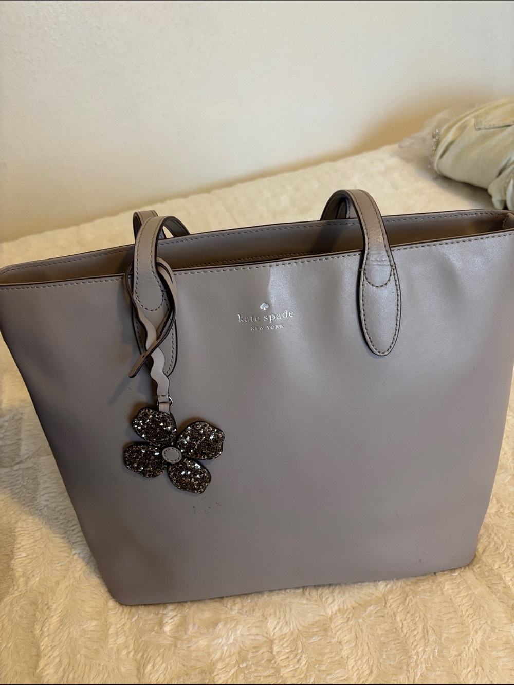 kate spade Gray Leather Tote with Flower Charm